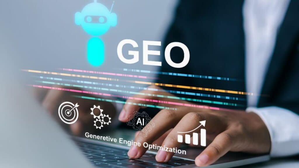 Hands typing on a laptop with 'GEO' and icons representing optimization and AI.