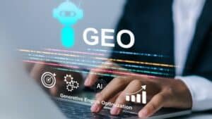Hands typing on a laptop with 'GEO' and icons representing optimization and AI.
