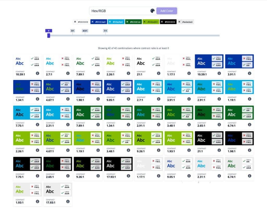 A colour contrast checker tool displaying various text and background colour combinations.