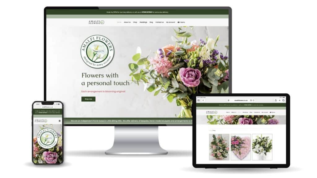 A responsive website display featuring floral arrangements and the text 'Flowers with a personal touch'.