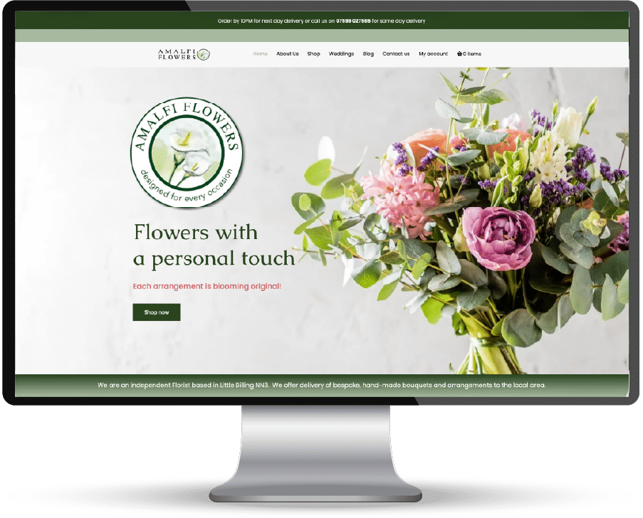 Amalfi Flowers website showcasing a flower arrangement on display.