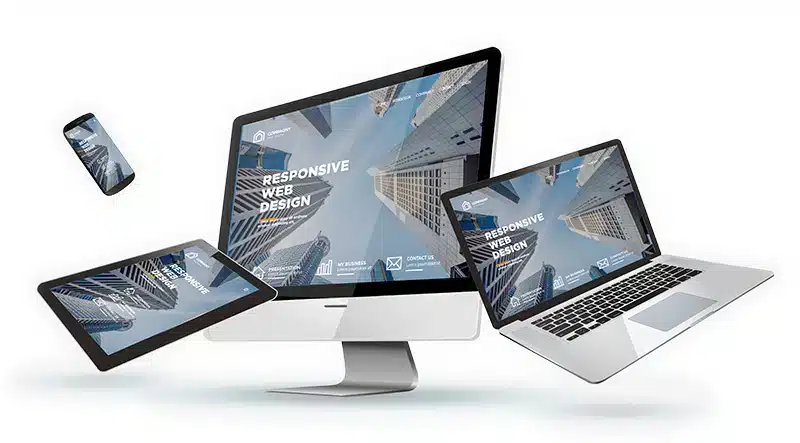 Website design shown across desktop, laptop, tablet and phone screens