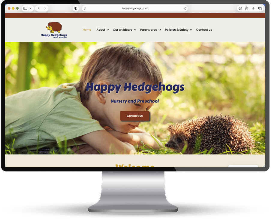 A website screenshot of Happy Hedgehogs nursery with a child and a hedgehog.