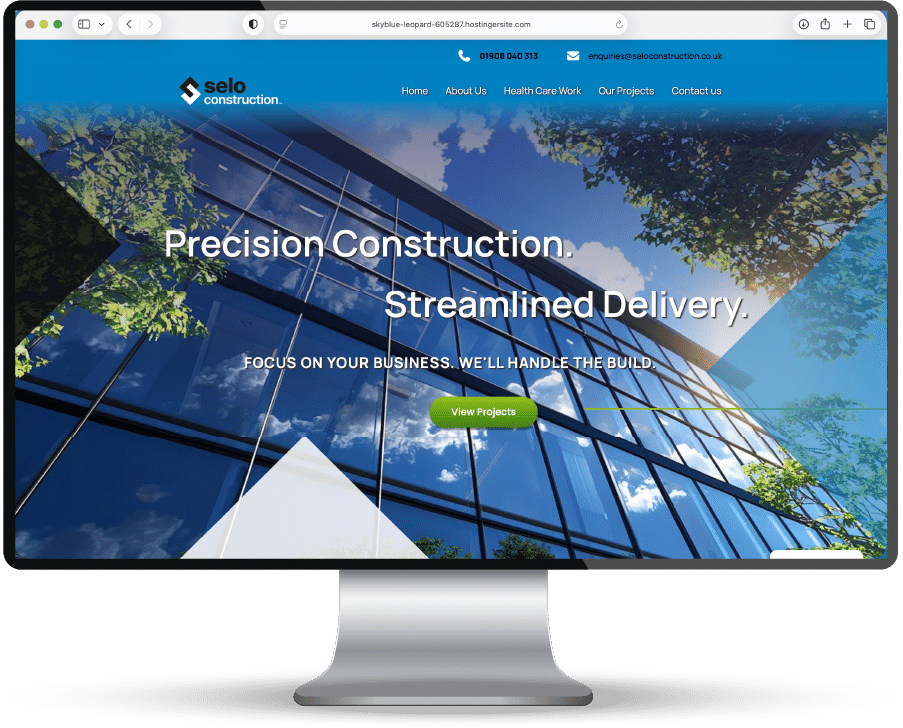 A construction company website showcasing modern architecture with the text 'Precision Construction. Streamlined Delivery.'.