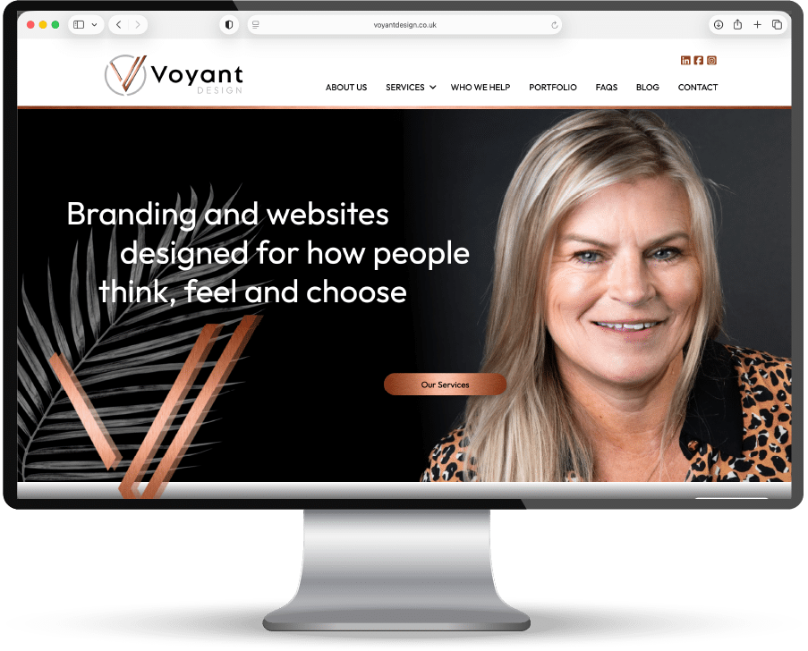 A website design showcasing branding services and a smiling woman.